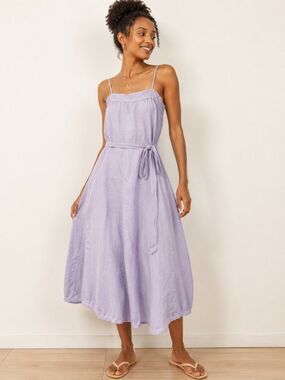 120% Lino Lavender 100% Linen Midi Dress Tie Waist Italian Made Sleeveless S/M